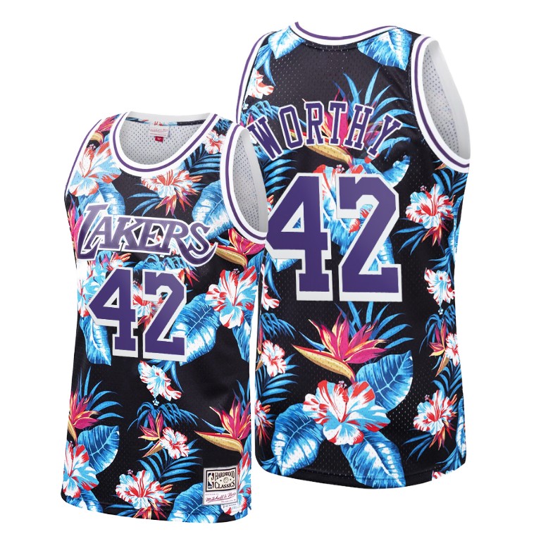 Men's Los Angeles Lakers James Worthy #42 NBA Hardwood Classics Floral Fashion Black Basketball Jersey IJF8583HO